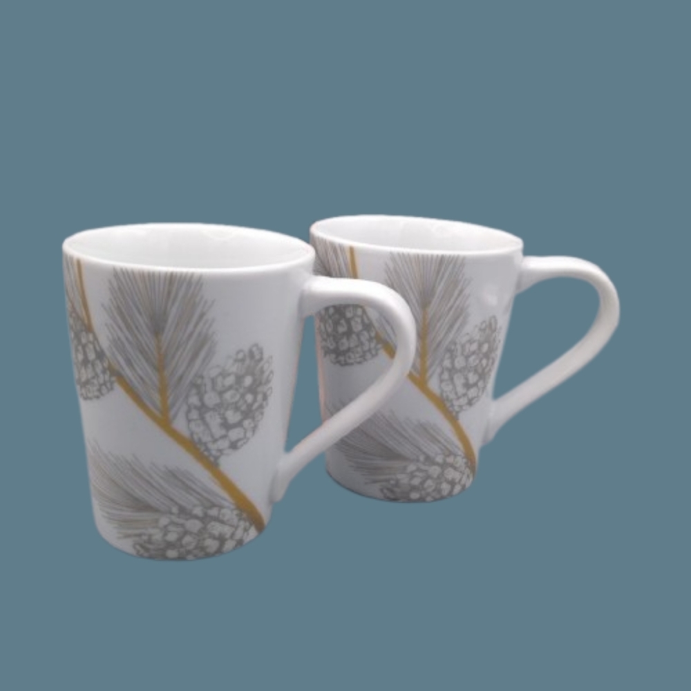 St. Nicholas Square Boughs and Cones Mugs Gold & Silver Holiday Winter Set of 2